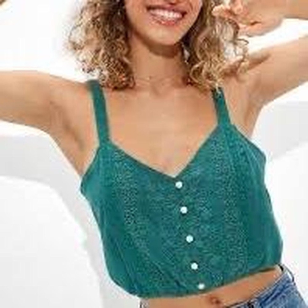 American Eagle Boho Earthy Hippie Fairycore Teal Button Up Lace Tank Sz L